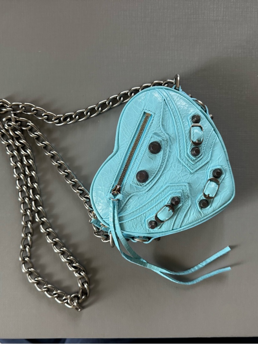 Balenciaga Le Cagole Heart Studded Leather Bag Light Blue NWT